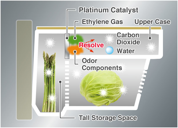 Platinum Catalyst, Ethylene Gas, Odor Components, Upper Case, Tall Storage Space, Water, Carbon Dioxide, Resolve