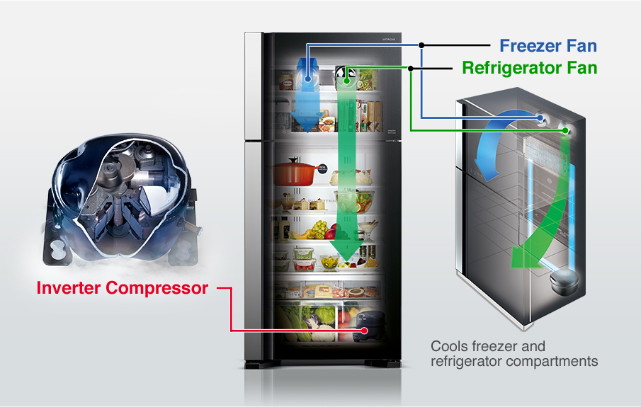 Cools freezer and refrigerator compartments